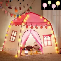 Kruzzel Kinderzelt Spielhaus mit LED Lichterkette – Faltbares Spielzelt für Mädchen mit Boden und Fenster – Indoor & Outdoor – Rosa Weiß – KRUZZEL