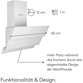 Wiggo Dunstabzugshaube 60cm kopffrei I Abluft Umluft Dunstabzug 300m3/h - LED Touch-Display 3 Stufen I Schräghaube inkl. Fettfilter & 2x Kohlefil... - weiß