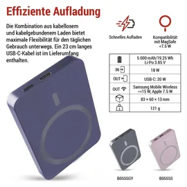 EMOS Powerbank 5 000 mAh WI 522 mit Magnet - magnetischer externer Akku mit Passthrough und Wireless-Charging USB-C-Ausgang inkl. USB-Datenkabel - für iPhone, iPad, Smartwatches - blau