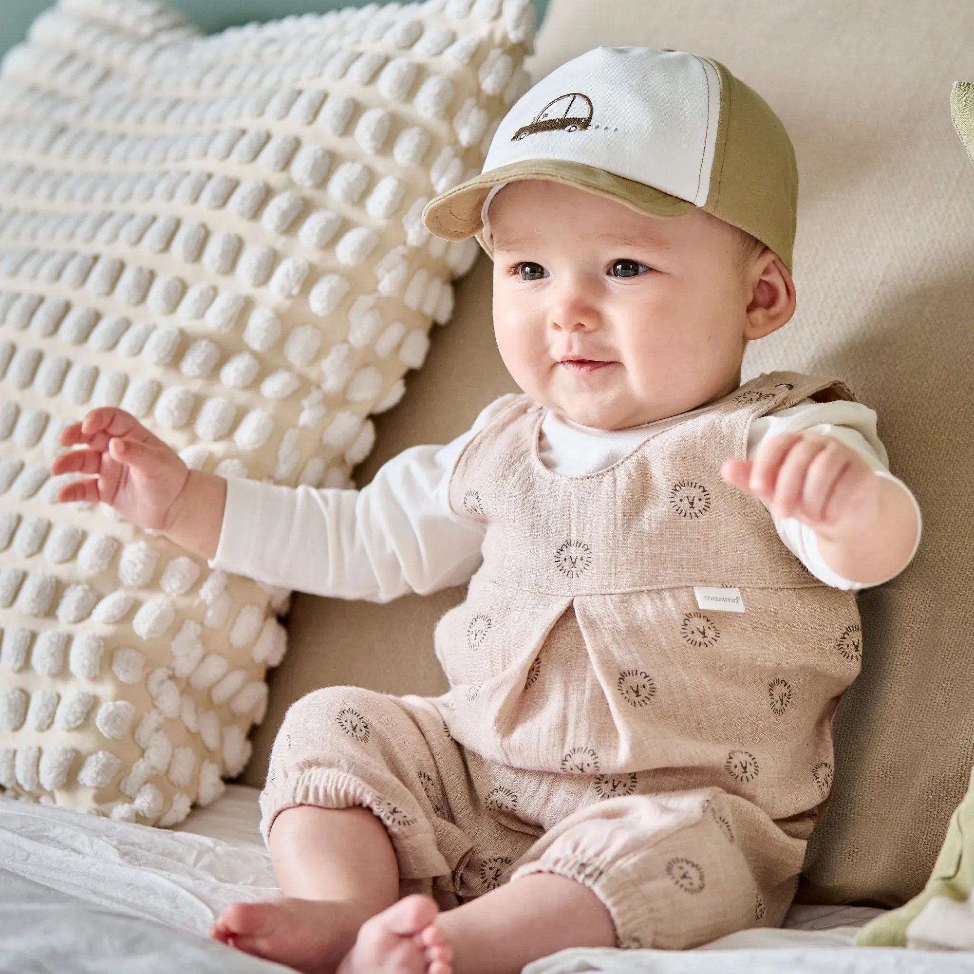 Overall MAXIMO, Mädchen, Gr. 62/68, N-Gr, beigemeliert, löwe, Web, Obermaterial: 100% Baumwolle, Overalls Overall, Beigemeliert, Löwe, Musselin, Overall, Unisex