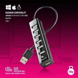 ngs IHUB7 Tiny USB 2.0 Hub 7 Ports mit Power Adapter 5V/1A, universell kompatibel, Plug and Play