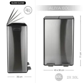 Spirella Mülleimer Mülltrennsystem 60 L (2x30 Liter) mit Inneneimer große Abfallbehälter Abfalleimer Treteimer Edelstahl Absenkautomatik - Silber