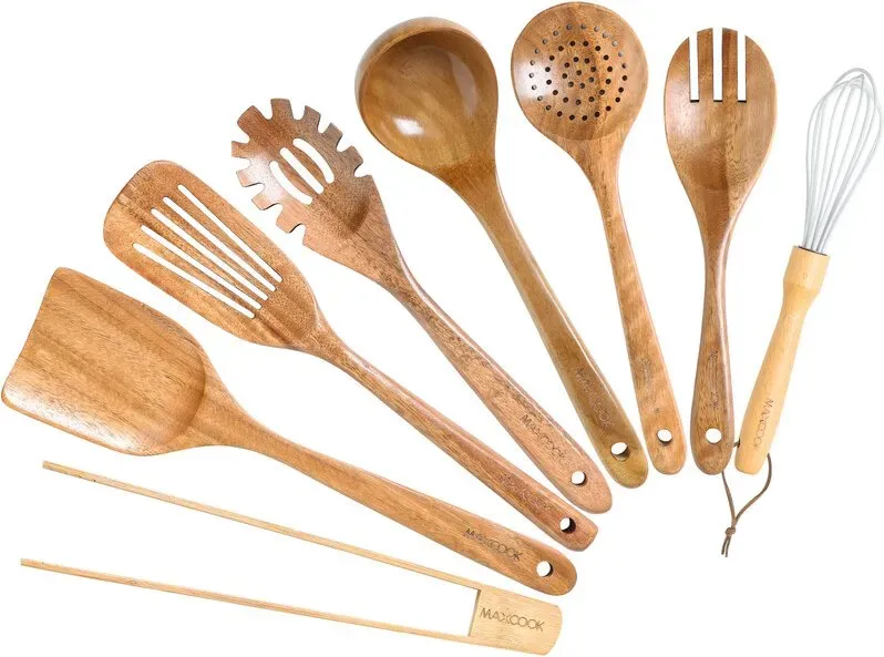 Maxcook 8-teiliges Teakholz-Küchengeräteset - Natürliches Akazienholz Antihaft-Spatel Kochlöffel, Leicht, Praktisch, Leicht zu reinigen Holz-Küchengeräteset Holzquirl MCCU2358