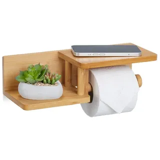 relaxdays Toilettenpapierhalter Bambus Toilettenpapierhalter 2 Ablagen braun