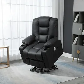 Homcom Fernsehsessel mit Aufstehhilfe Elektrisch Relaxsessel mit Massagefunktion, USB, Liegefunktion, Rollen, Fernbedienung, Becherhalter, Seitentasche, zweiteiligen Fußstütze bis 150 kg, Schwarz