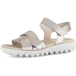 Riemchensandale GABOR, Damen, Gr. 44, gold (goldfarben), Glattleder, metallic, casual, Schuhe, Sommerschuh, Keilsandalette, Bequemschuh mit Klettverschluss