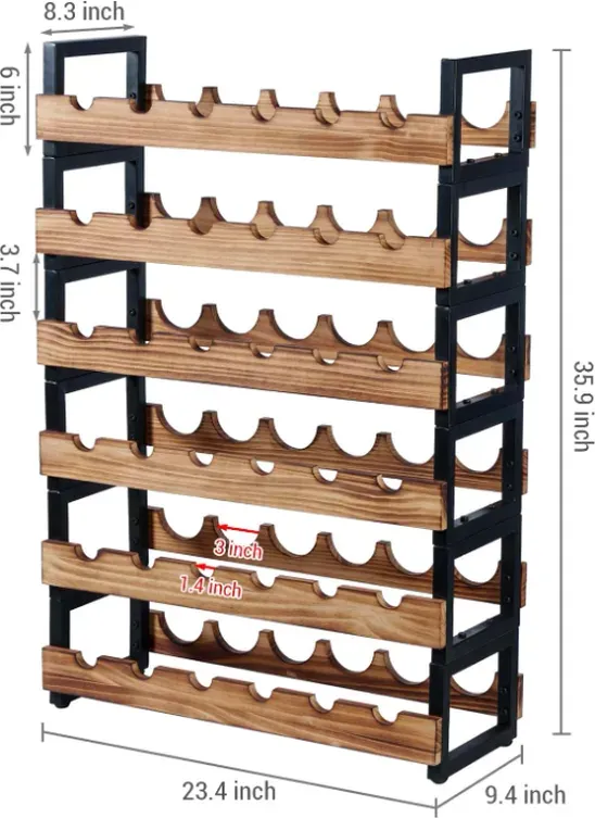 MyGift 6-stufiges freistehendes Weinflaschenregal mit verbranntem Massivholzregal und industriellem mattschwarzem Metallrahmen, Große horizontale Weinbar-Aufbewahrung für 36 Flaschen