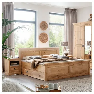 Lomadox Schlafzimmer-Set STEINKJER-69, (Spar-Set, 5-tlg., Bettgestell Bettschubladen Nachttische), aus Kiefer massiv, eichefarben geölt, Bett 180x200cm braun