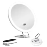JJhxr 10X Vergrößerungsspiegel mit Licht,15.24 cm großer Makeup Vergrößerungsspiegel, 3 Farben Dimmbarer Makeup Spiegel mit 360° Tischständer, Tragbarer LED Vergrößerungsspiegel mit 3 Saugnäpfen