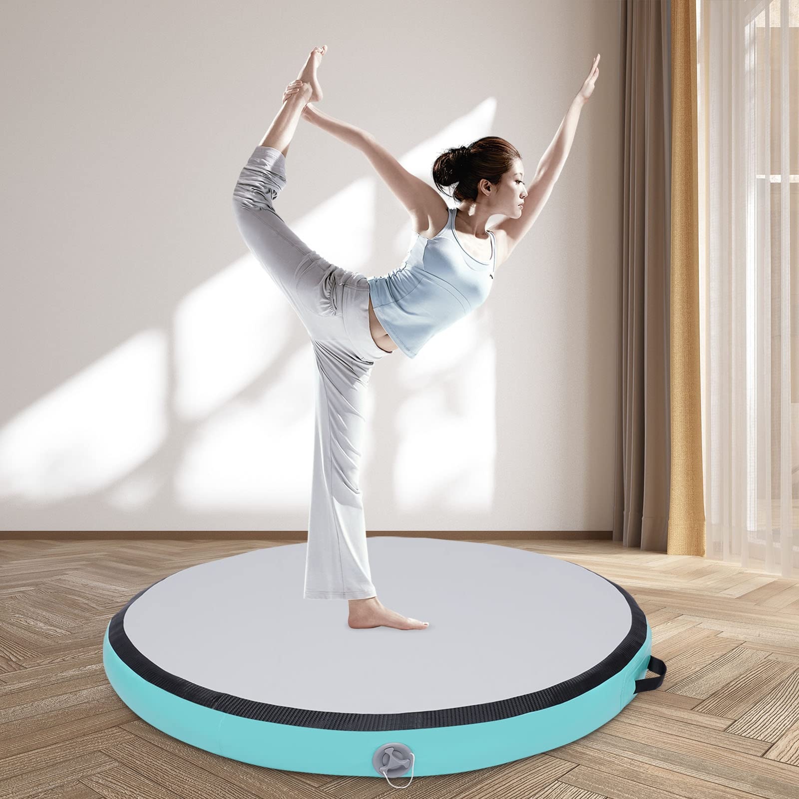 Wasserdichte Aufblasbare Rundes Sprungbrett Air Roller Gymnastik Yoga Matte Bodenmatte Gymnastikmatte Board Mat Tumbling Verdickte Sport Trainings Mit Pumpe Dicke Yogamatte Elektrischer Luftpump GrüN