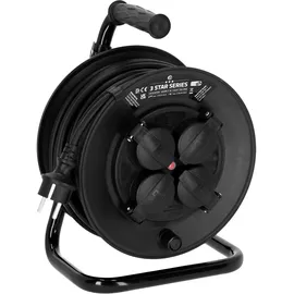 Adam Hall Cables 3 STAR CD 25 PWR - Netzkabeltrommel, 4 x Schuko IP44 H05RR-F, schwarz, 25m, für außen 4x Schutzkontaktsteckdose