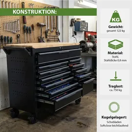 Trutzholm Werkstattwagen Star XL bestückt 103 x 112 cm Stahl Hartholzarbeitsplatte 12 Schubladen schwarz/grau