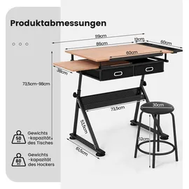 Costway Zeichentisch mit neigbarer Tischplatte, 2 Schubladen & Hocker - Naturbelassen/Schwarz