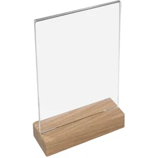 HMF 46942 Acryl Tischaufsteller mit Holzfuß DIN A5 Hochformat, Glasklar