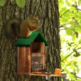 Relaxdays Eichhörnchen Futterhaus, Holz, Eichhörnchenfutterstation mit Maiskolbenhalter, Napf, Sitzplattform, Natur/grün, 1 Stück