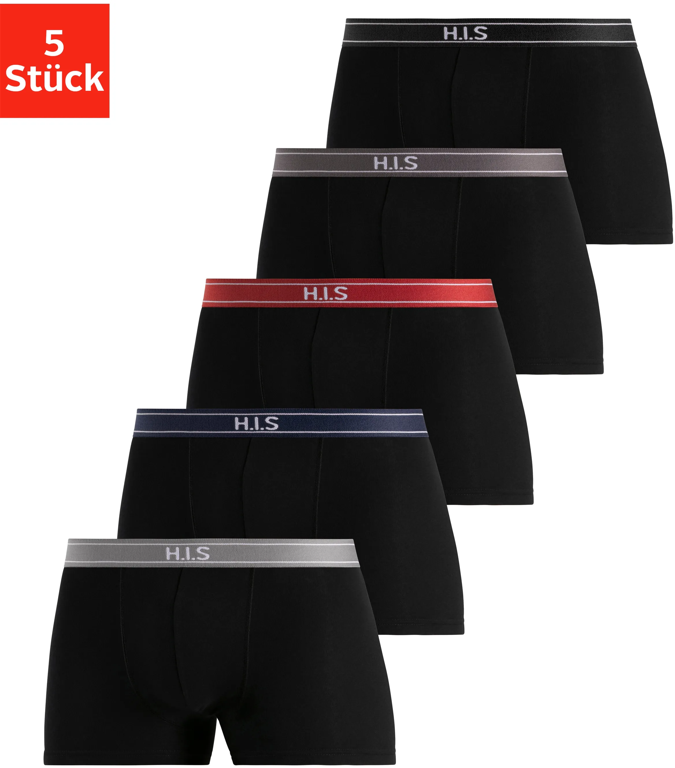 H.I.S Boxer, (Packung, 5 St.), mit Steifen und Logo im Bund H.I.S schwarz-grau, schwarz-navy, schwarz-bordeau x, schwarz-anthra, schwarz XL