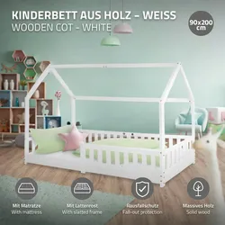 Kinderbett+Matratze Hausbett Bettgestell Einzelbett Rausfallschutz Weiß 90x200cm