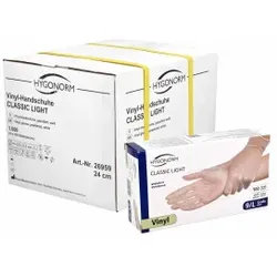 Hygonorm® Vinylhandschuhe Classic Light, gepudert, transparent, Einweghandschuh ist nur für Kontakt mit nicht-fettenden Lebensmitteln geeignet, 1 Karton = 10 Packungen à 100 Stück, Größe L