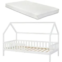 [en.casa] Hausbett mit Matratze und Rausfallschutz Holz 90 x 200 cm Weiß - Weiß