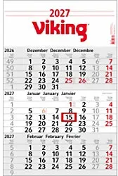 Viking 3-Monatskalender 2027 3 Monate / 1 Seite Deutsch, Englisch, Französisch 30 (B) x 49 (H) cm Hellgrau