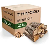 THIVOOD Brennholz 25 cm - Buchenholz & Eichenholz - Premium Feuerholz inklusive Anzündholz - trockenes 30 KG Hartholz mit unter 18% Restfeuchtigkeit - Ofenfertiges Kaminholz für Zuhause & Outdoor
