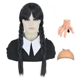 Schwarze Perücke für Wednesday Addams Perücke Lange zopf Perücken mit pony mit Wednesday Händchen für Fasching Karneval Addams Family Kostüm DE110