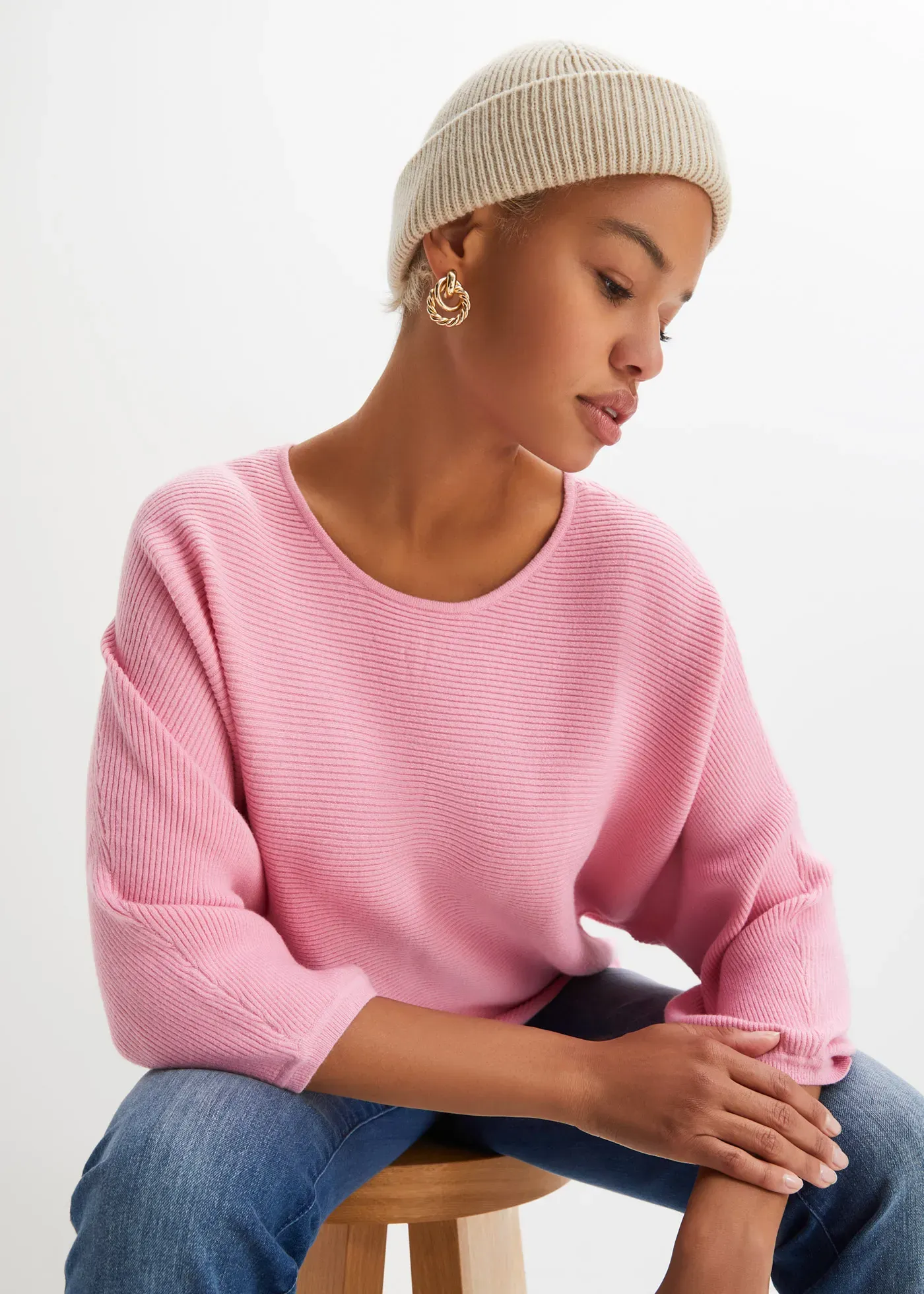 Strickpullover BONPRIX, Damen, Gr. 48/50 (XL), rosa, Strick, Obermaterial: 50% Viskose, 26% Polyamid, 24% Polyester, Strukturmuster, unifarben, lässig geschnitten Po-bedeckend, Rundhals, Fledermausärmel Strickkante, Pullover Strickpullover, aus Viskose, mit Rippstruktur, halber Fledermausarm