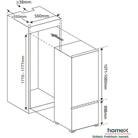 Homex CFB2491E Einbau-Kühlgefrierkombination (249 l, 1780 mm hoch, Weiß)