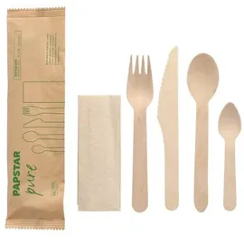 Papstar Bestecksets Holz "pure" : Messer, Gabel, Kaffeelöffel, Serviette in Papierbeutel