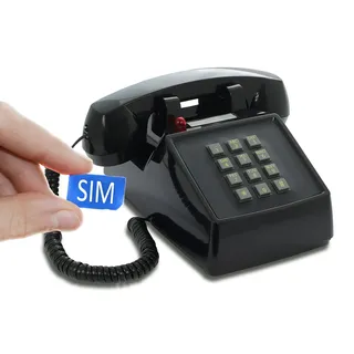 Opis PushMeFon Mobile: Seniorentelefon mit SIM Karte, schnurgebundenes Tischtelefon als Retro Festnetz Telefon mit SIMkarten Funktion in Schwarz