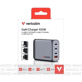Verbatim GNC-100 GaN 100W USB-A, 3x USB-C PD, 1xUSB-A QC 3.0, 32202 - Schwarz/Grau