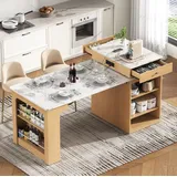 Ausziehbarer Esstisch Mdf/glas Natur/weiß 80x71-151x92 Cm Mit Steckdosenleiste Und Stauraum