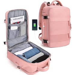 Vicbuy Reiserucksack 45L Supergroßer Handgepäck mit USB-Ladeanschluss, für 14 Zoll Laptop (mit Schulfach, Wasserdicht Wandern Outdoor-Sport Lässiger Tagesrucksack Schultasche), Rucksack Herren Damen Reiserucksack, Flugzeug genehmigt rosa