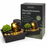 MIJOMA Zimmerbrunnen mit LED-Beleuchtung, künstlicher Sukkulente & Dekosteinen – Batteriebetriebener Tischbrunnen für entspannende Atmosphäre, 17,5 x 11 x 11,5 cm