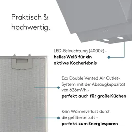 Wiggo A642 Dunstabzugshaube 60cm kopffrei I Abluft Umluft Dunstabzug 626m3/h - Touch-Display 4 Stufen I Energieeffizienzklasse A Schräghaube inkl...