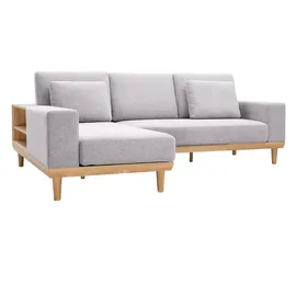 miliboo Ecksofa 5-Sitzer mit Stauraum hellgrauer Stoff mit strukturiertem Samteffekt und helles Holz KOMAO.