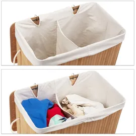 Relaxdays Wäschekorb Bambus mit Deckel, rechteckiger Wäschesammler, 2 Fächer, 95 l Volumen, faltbare Wäschebox, natur