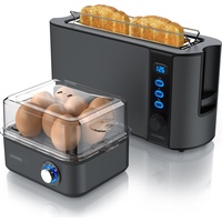 Arendo Frühstücks Set, 2-Scheiben Langschlitz Toaster mit Brötchenaufsatz & Eierkocher für 8 Eier, Grau, Eierkocher, Grau