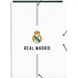 Safta Real Madrid 1. Team 24/25, Folio-Ordner mit 3 Klappen, ideal für Kinder verschiedener Altersgruppen, bequem und vielseitig, Qualität und Widerstandsfähigkeit, 26 x 36,5 cm, Weiß/Grau, Weiß/Grau,