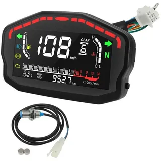 MEGAGOODS Tachometer Motorrad-Tacho LCD mit Drehzahlmesser und Tankanzeige DE., Inkl. Speed-Sensor und Kabel, Sportliches Design, einfache Installation