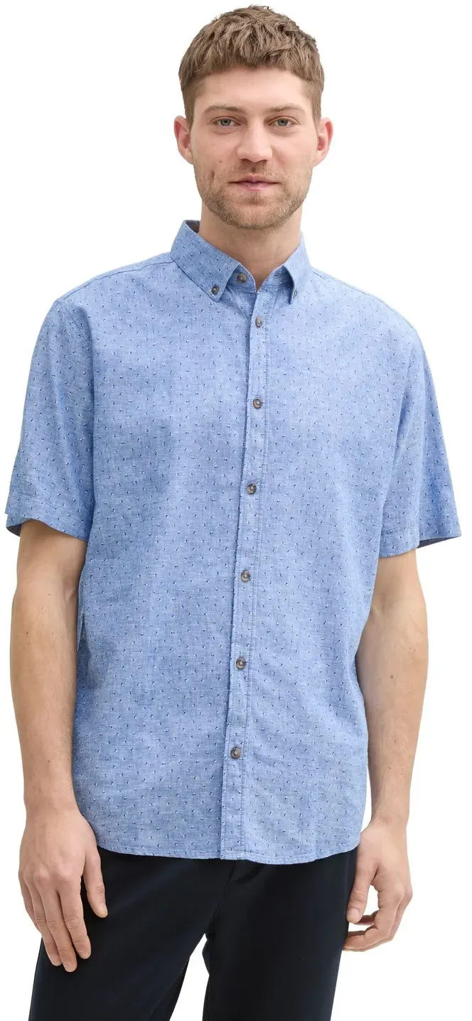 Tom Tailor Herren Kurzarm Hemd PRINTED COTTON LINEN SHIRT Regular Fit 1045099-37328 Blau Dot Design S