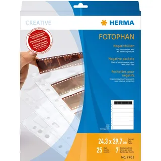 HERMA 7761 Negativhüllen 35mm für Ordner, 25 Stück je 7 Kleinbild Streifen à 5 Bilder, Negativarchivierungshüllen für Kleinbildnegative mit Eurolochung und Sicherheitslasche, transparent