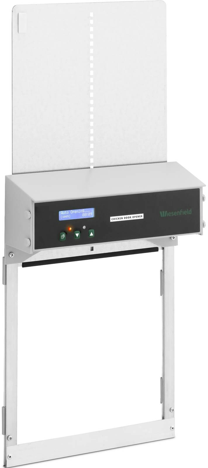 Wiesenfield Automatische Hühnerklappe - Timer / Lichtsensor - batteriebetrieben - automatische Verriegelung - Antiblockierfunktion