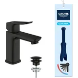 GROHE Dice, energiesparende Waschtischarmatur, Kaltwasser in Mittelstellung (Wasserhahn für das Bad, 15cm hoch, Push-Open Ablauf, inkl. 3in1 Werkzeug, einfache Installation), mattschwarz, 1018612430