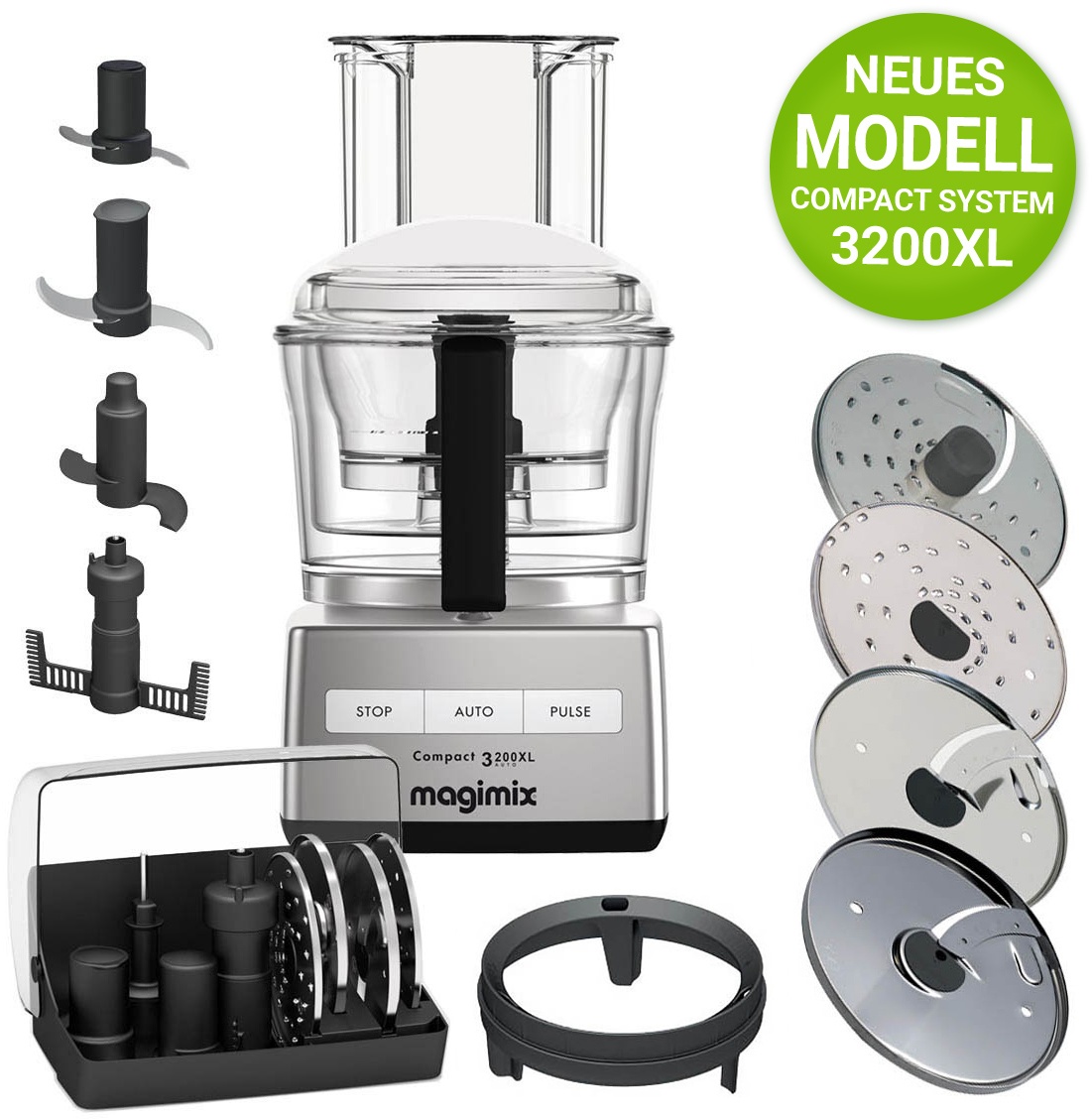 Magimix Küchenmaschine CS 3200XL Chrom Matt inkl. Würfel-Set & Parmesan-Reibe