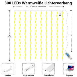 Montegoni 3×3m Lichtervorhang PVC, 300 LED Warmweiß, 8 Modi mit Timer, USB-Anschluss, IP65 Wasserdicht, LED Vorhanglichter für Innen & Außen,