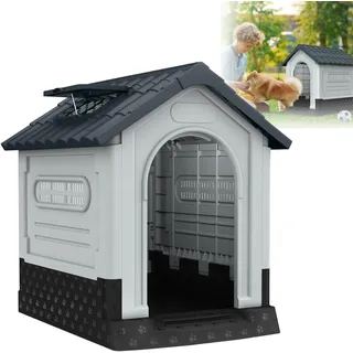 HENGMEI Hundehütte Outdoor Indoor Hundehaus mit erhöhtem Boden Robuste, Wasserdicht & UV-beständig, Draußen Kunststoff 65x56.5x67cm Haustierhütte Haustierhaus Grau,65x56,5x67cm