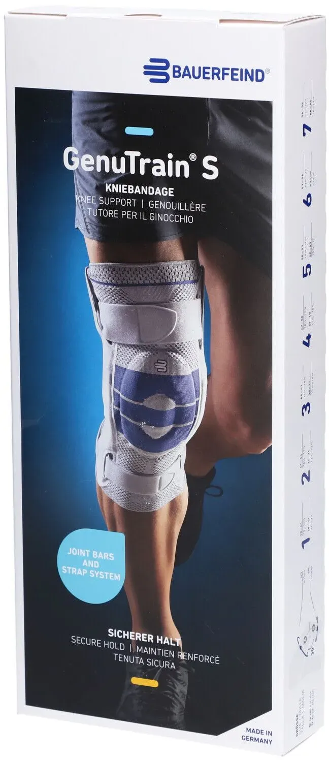 Bauerfeind® GenuTrain S Aktive Kniebandage mit seitlichen Gelenkstabilisatoren Gr. 5 Rechts Titan