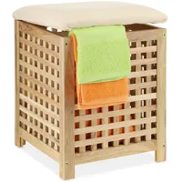 Relaxdays Relaxdays, Natur Wäschekorb mit Sitz, Walnussholz, Stoff, HxBxT: