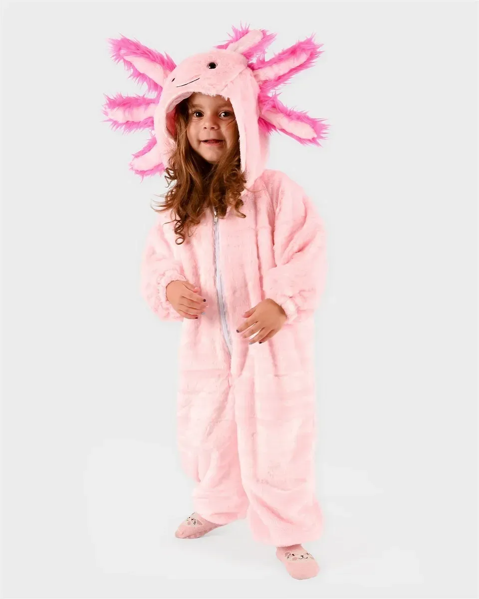 Tierkostüm Axolotl Kinder Einteiler 3-4 Jahre rosa/grau/weiß Polyester-Plüsch - Den Goda Fen - Frontreißverschluss, Kapuze, weich